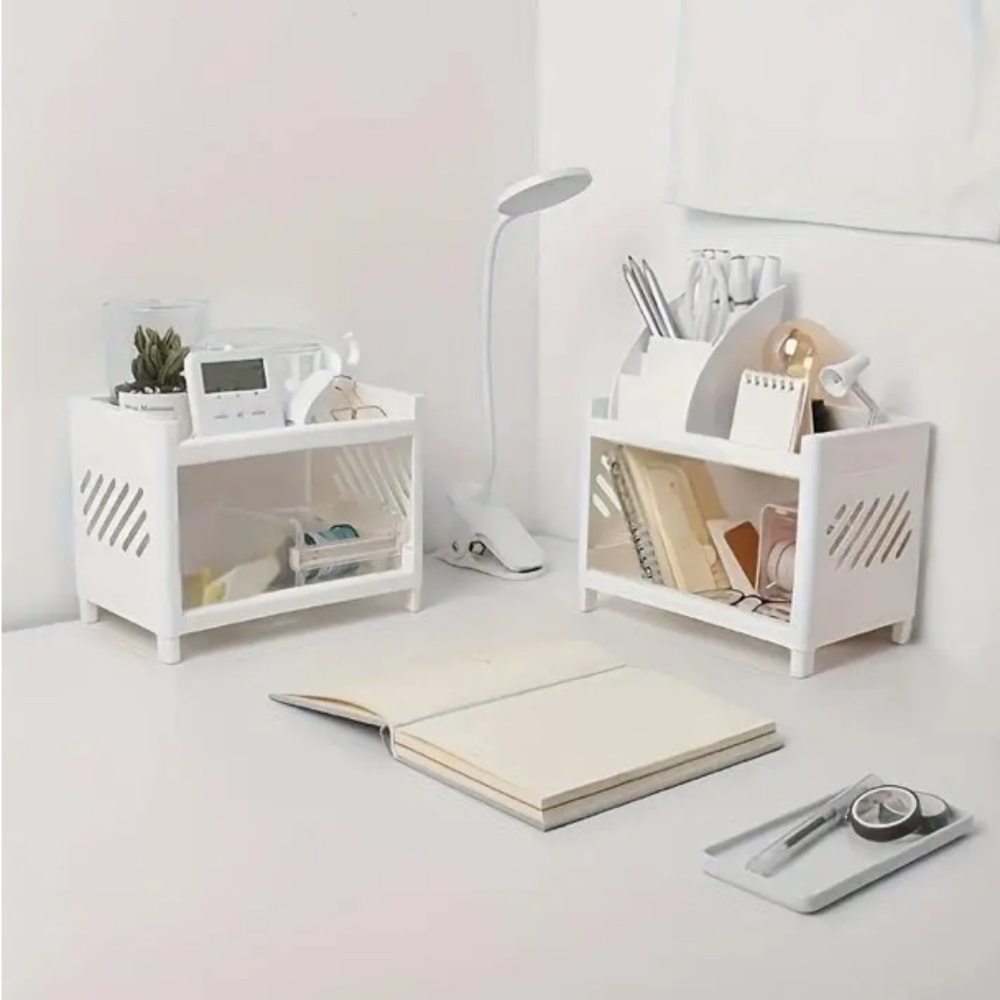 White Plastic Desktop Storage Rack -Multi-Functional Rectangular Organizer Shelf - Picture 3 of 8